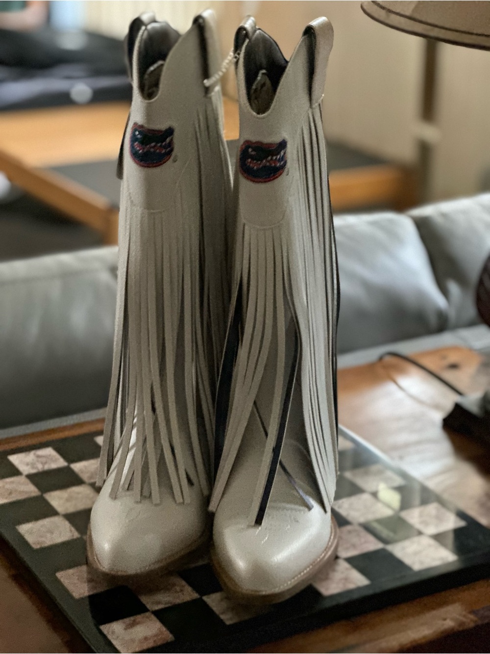 Florida Gators embroidered. Fringed Knee-High Women’s Boots in white